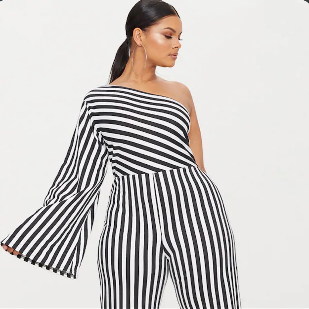 Plus Black Monochrome Stripe One Shoulder Jumpsuit
